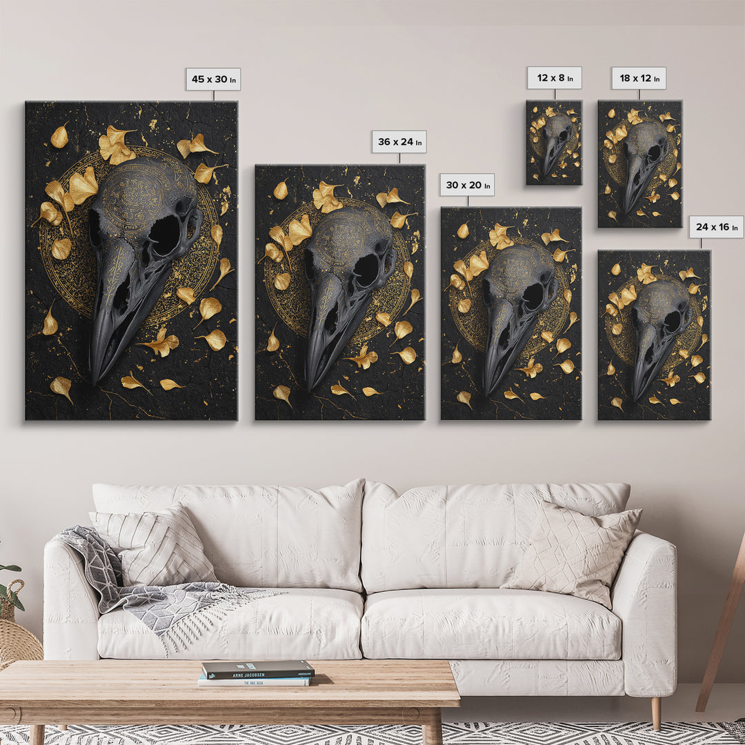 Raven Skull Canvas Gold Art Canvas Art | Odin’s Symbol Norse Mythology Wall Decor | Man Cave or Office Art with Natural Wood Frame