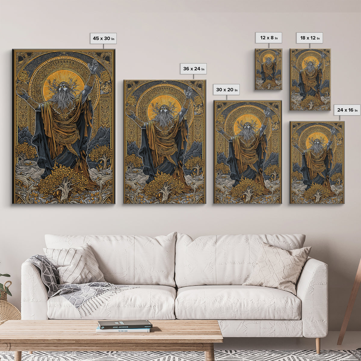 Norse God Canvas Gold Art Canvas Art – Odin Inspired Mythology Wall Decor for Office, Man Cave, or Dad Gift, real wood frame