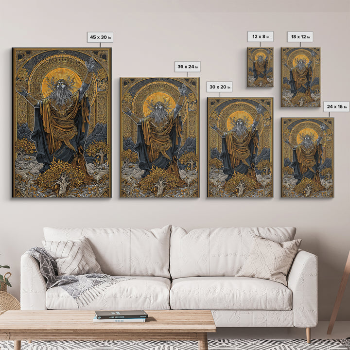 Norse God Canvas Gold Art Canvas Art – Odin Inspired Mythology Wall Decor for Office, Man Cave, or Dad Gift, real wood frame