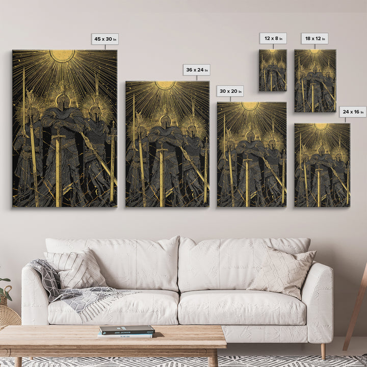 Einherjar Warriors Canvas Gold Art Canvas Art – Norse Afterlife Battle Viking Wall Decor for Dad Gift, Man Cave or Office, wood framed