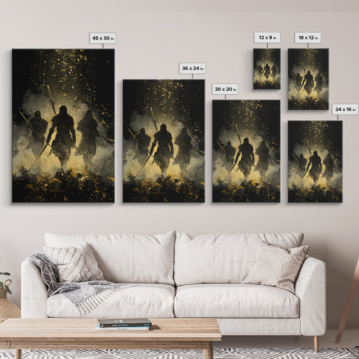 Viking Einherjar Canvas Gold Art Canvas Art – Nordic Mythology Warrior Spirits Wall Decor for Office or Man Cave, real wood frame