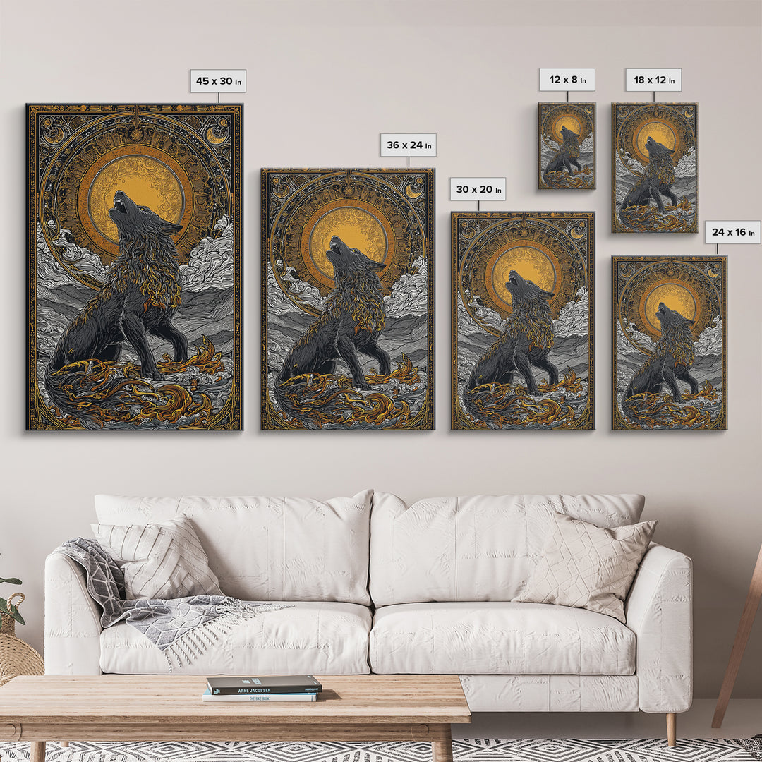 Fenrir Norse Wolf Myth Canvas Gold Art Canvas Art, Nordic Wall Decor with natural wood frame, Viking Man Cave Wall Hanging Office