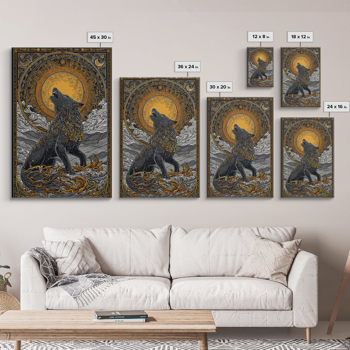 Fenrir Norse Wolf Myth Canvas Gold Art Canvas Art, Nordic Wall Decor with natural wood frame, Viking Man Cave Wall Hanging Office