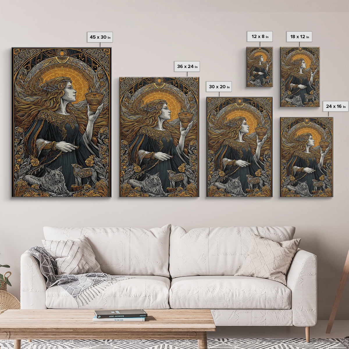 Norse Goddess Freyja Canvas Gold Art Canvas Art, Viking Wall Decor framed in natural wood, Nordic Office Art and Unique Gift for Him