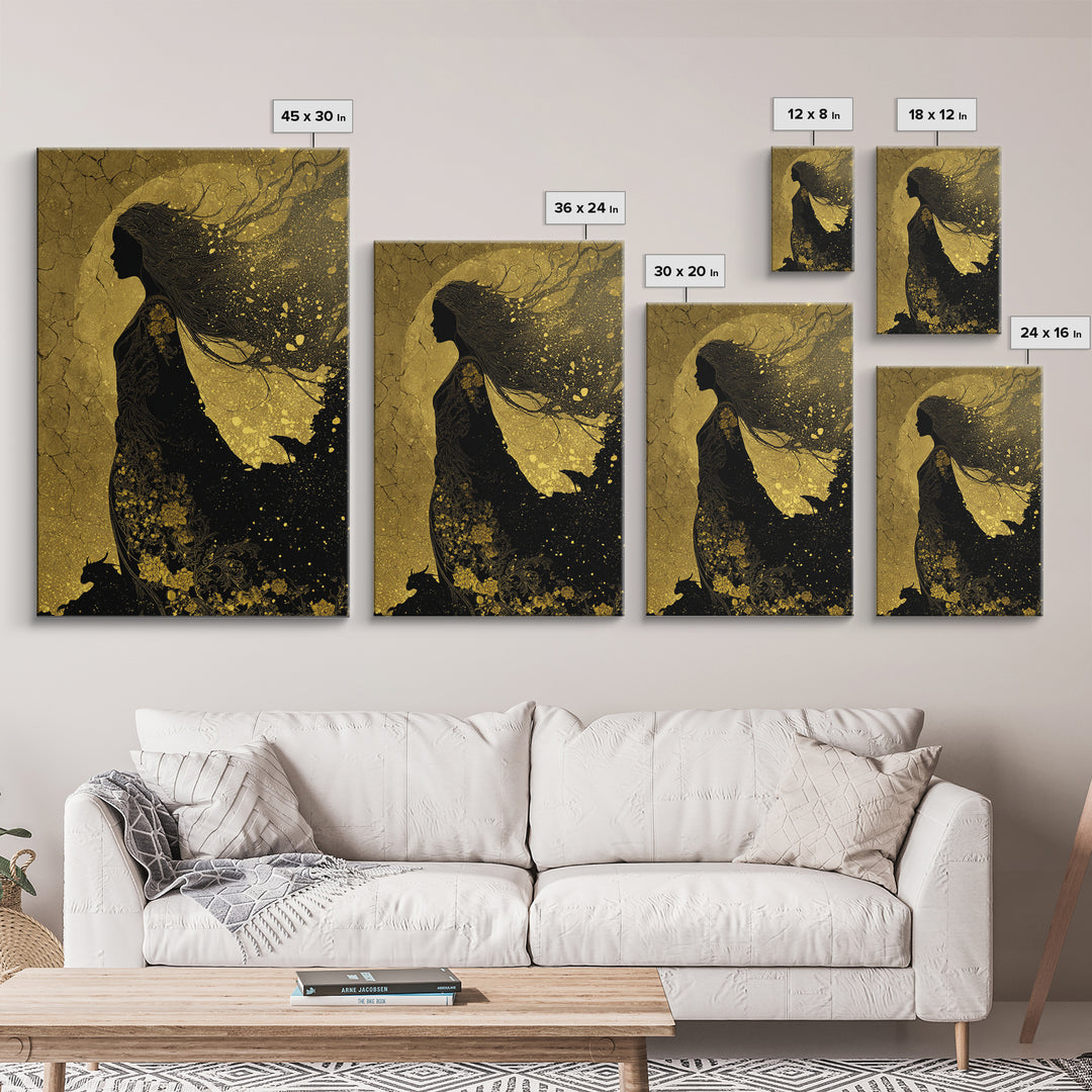 Freyja Norse Goddess Canvas Gold Art Canvas Art, Viking Mythology Wall Decor, framed in real wood, Elegant Office and Man Cave Gift
