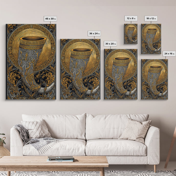 Viking Drinking Horn Wall Decor Gjallarhorn Canvas Gold Art Canvas Art Nordic Mythology Office Wall Art framed in natural wood