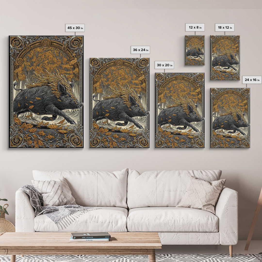 Norse Boar Gullinbursti Canvas Gold Art Canvas Art Viking Wall Decor Nordic Mythology Gift Dad Office Art framed in solid wood
