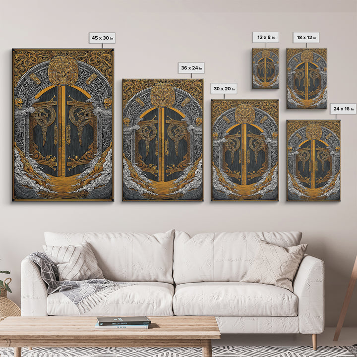 Helheim Norse Realm of the Dead Canvas Gold Art Canvas Art Viking Mythology Wall Art Office Decor Man Cave framed in wood trim