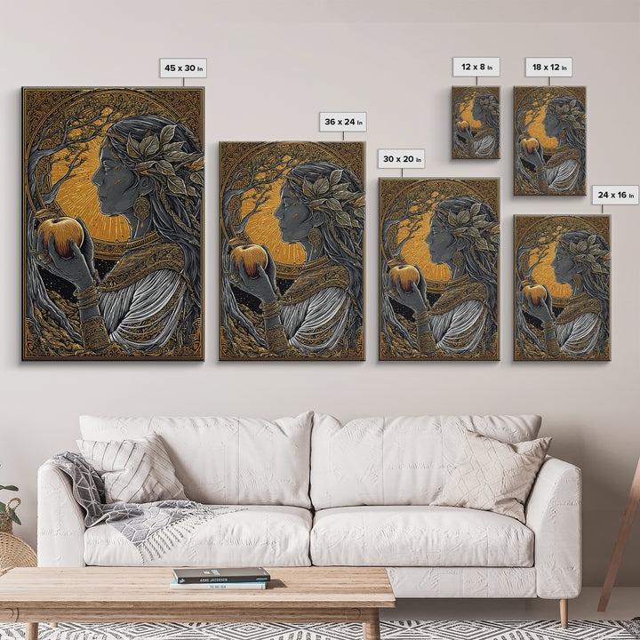 Idunn Goddess of Youth Norse Mythology Canvas Gold Art Canvas Art Nordic Wall Decor Office Art Dad Gift framed in natural wood