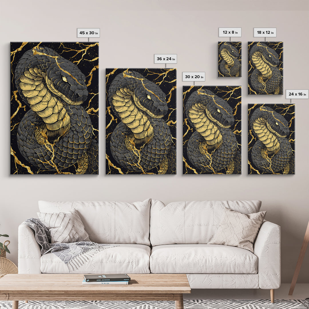 Jormungandr Midgard Serpent Canvas Gold Art Canvas Art Viking Mythology Wall Decor Nordic Office Man Cave Gift with wood frame