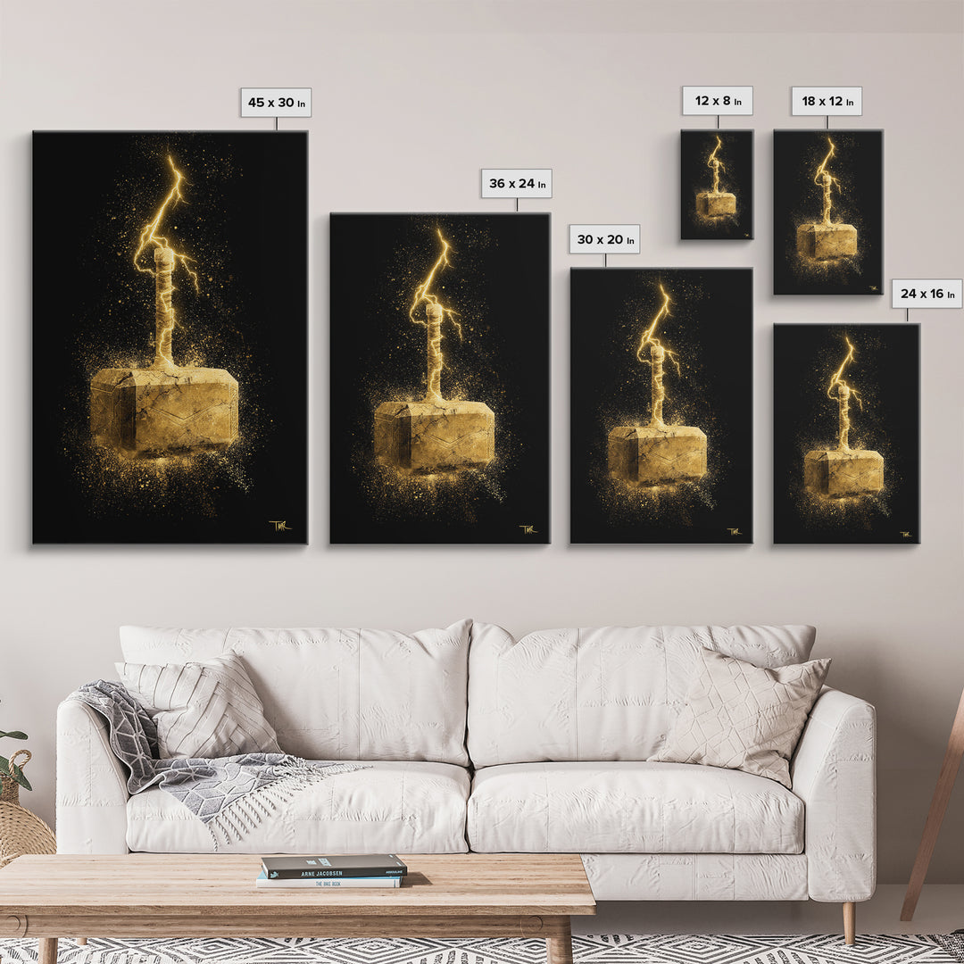 Canvas Gold Art of Thor’s Hammer Mjolnir, Norse Mythology inspired Canvas Art, Viking Man Cave wall décor with real wood framing