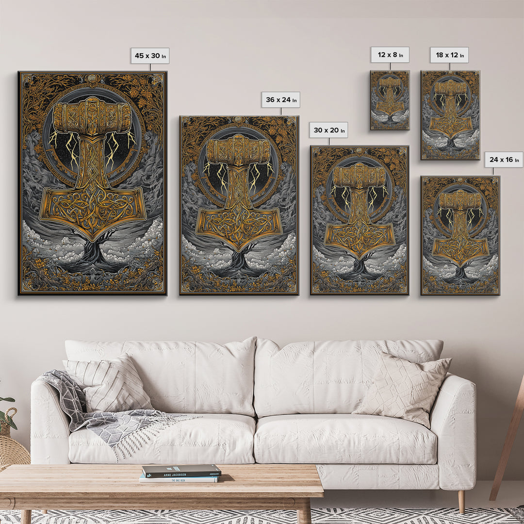 Norse Mythology Mjolnir Hammer Artwork, Canvas Gold Art and Viking Canvas Art, framed in real wood, Nordic office and dad gift décor