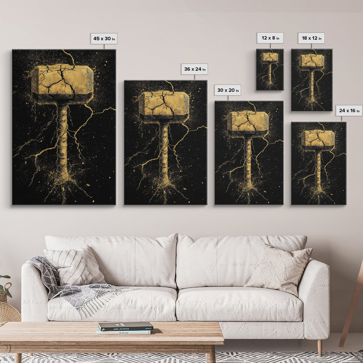Thor’s Mjolnir Canvas Gold Art, Viking Canvas Art from Norse Mythology, framed in real wood, striking office wall art and man cave gift