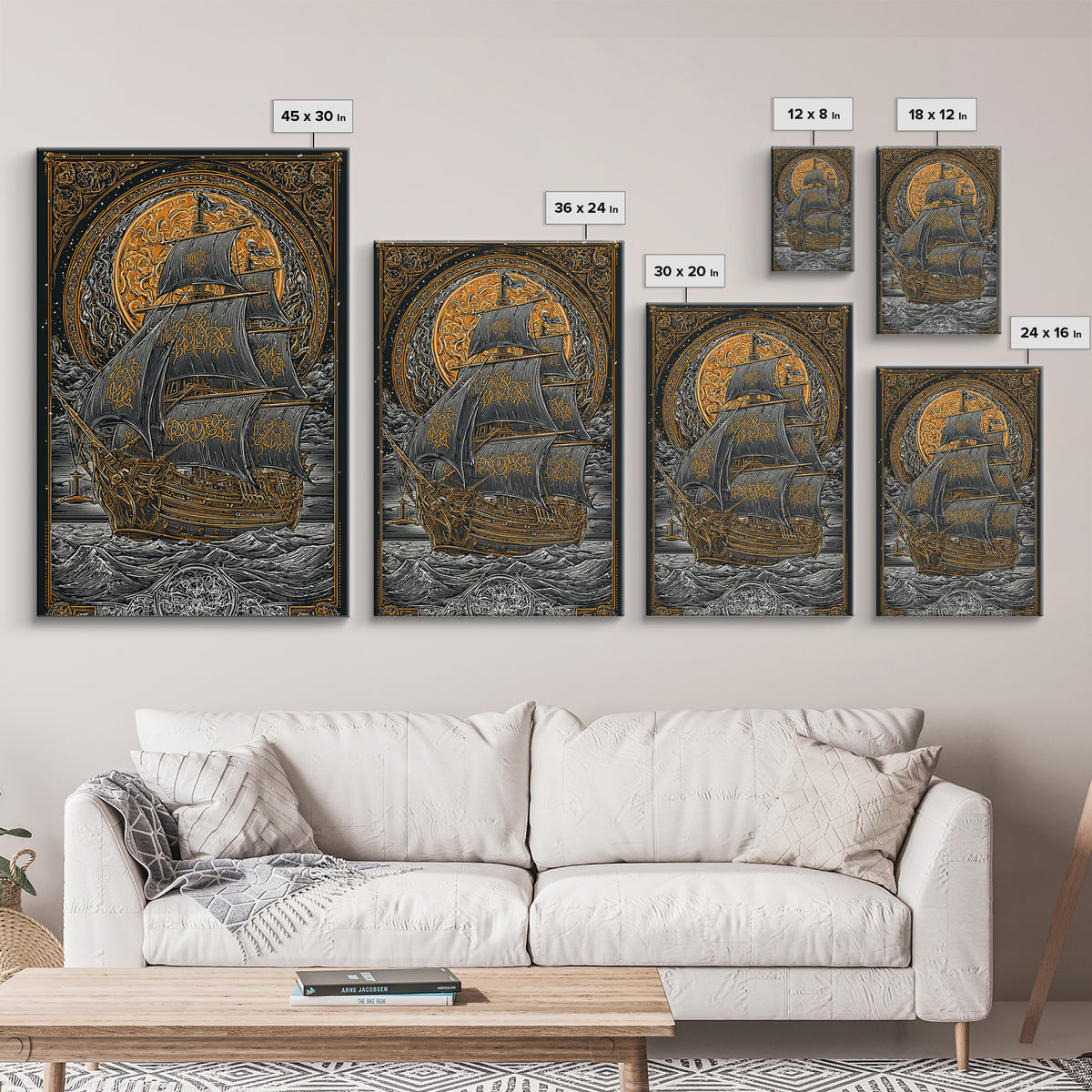 Viking Naglfar Ship Wall Art, Canvas Gold Art and Norse Canvas Art, Nordic Mythology scene framed in real wood for office or dad décor