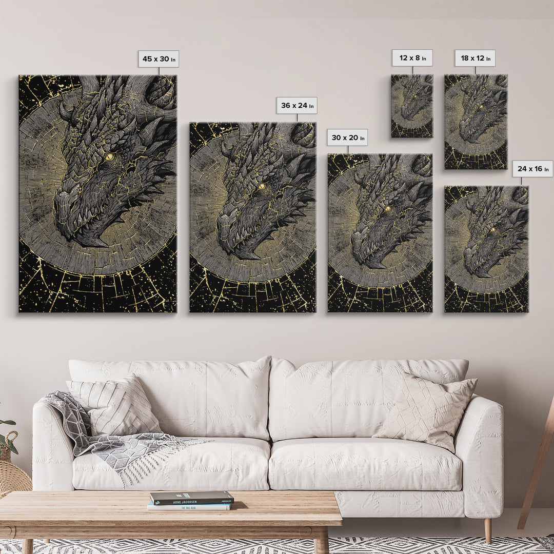 Canvas Gold Art of Nidhogg Dragon Head, Norse Mythology Canvas Art for Man Cave or Office, Viking Wall Decor framed in natural wood