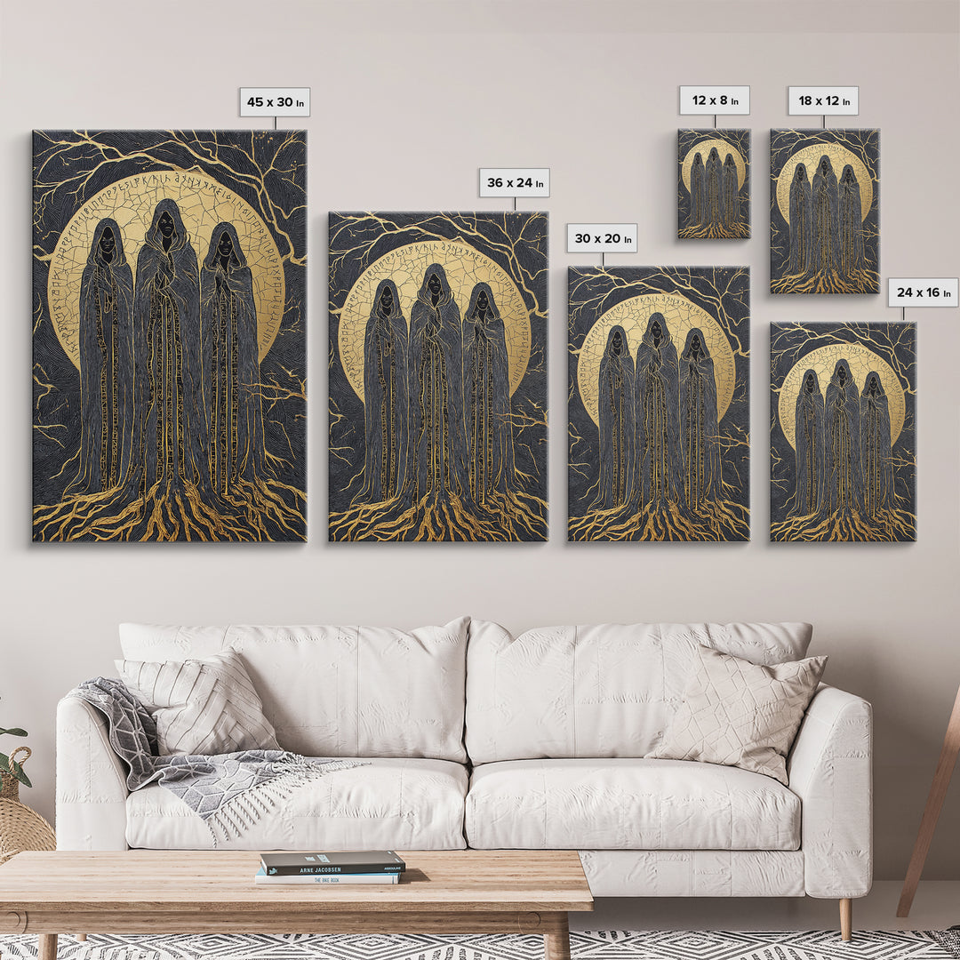 Viking Norns Canvas Gold Art, Nordic Mythology Canvas Art of Fate Goddesses and Runes, Norse Decor framed with natural wood frame