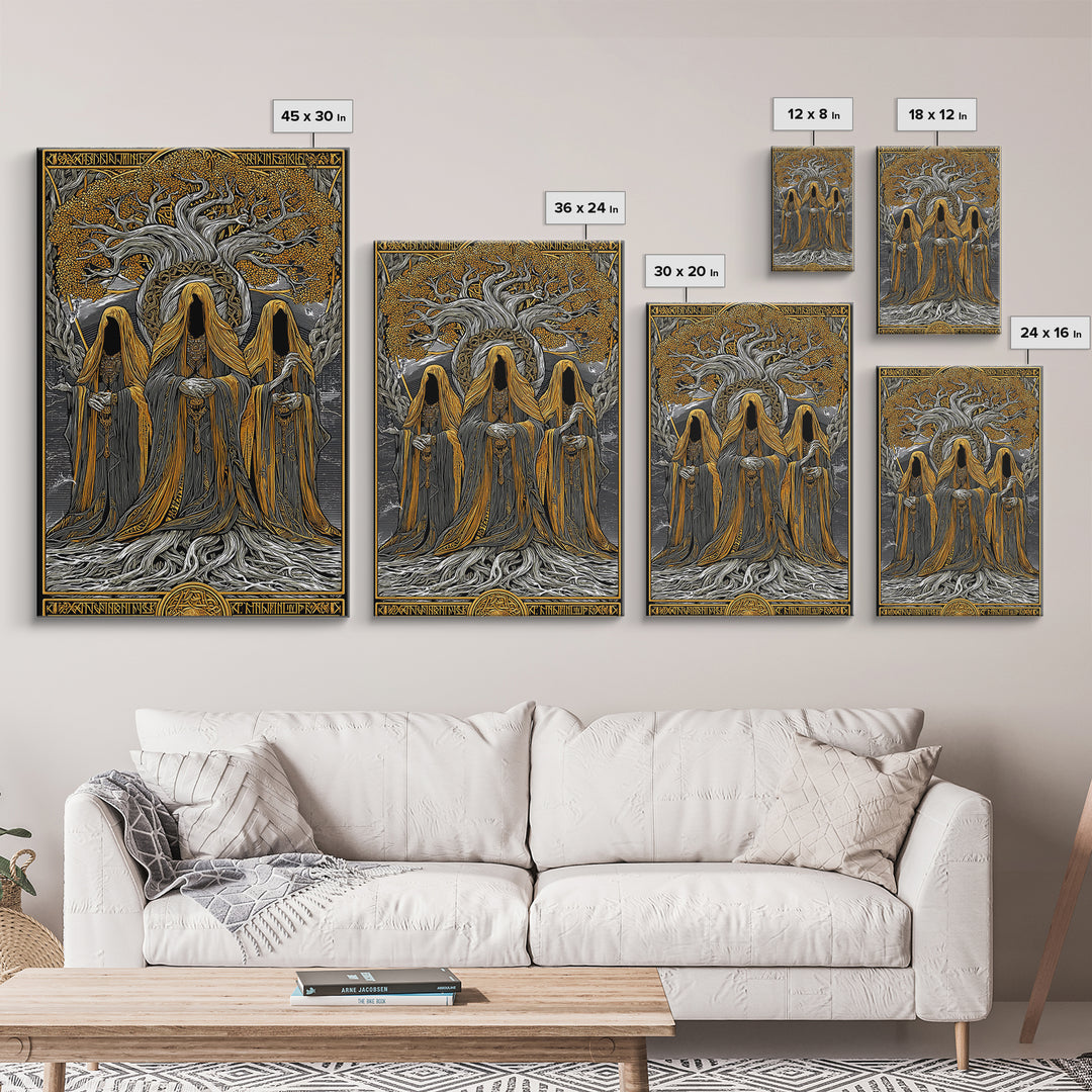 Norns of Yggdrasil Canvas Gold Art, Nordic Mythology Canvas Art featuring Fate and Destiny, Viking Wall Art framed in real wood