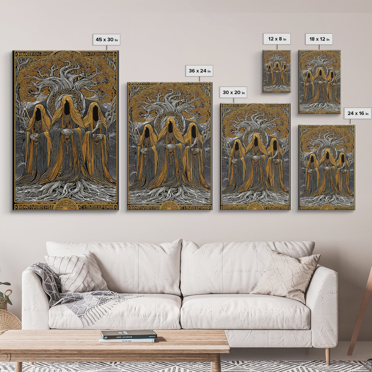 Norns of Yggdrasil Canvas Gold Art, Nordic Mythology Canvas Art featuring Fate and Destiny, Viking Wall Art framed in real wood