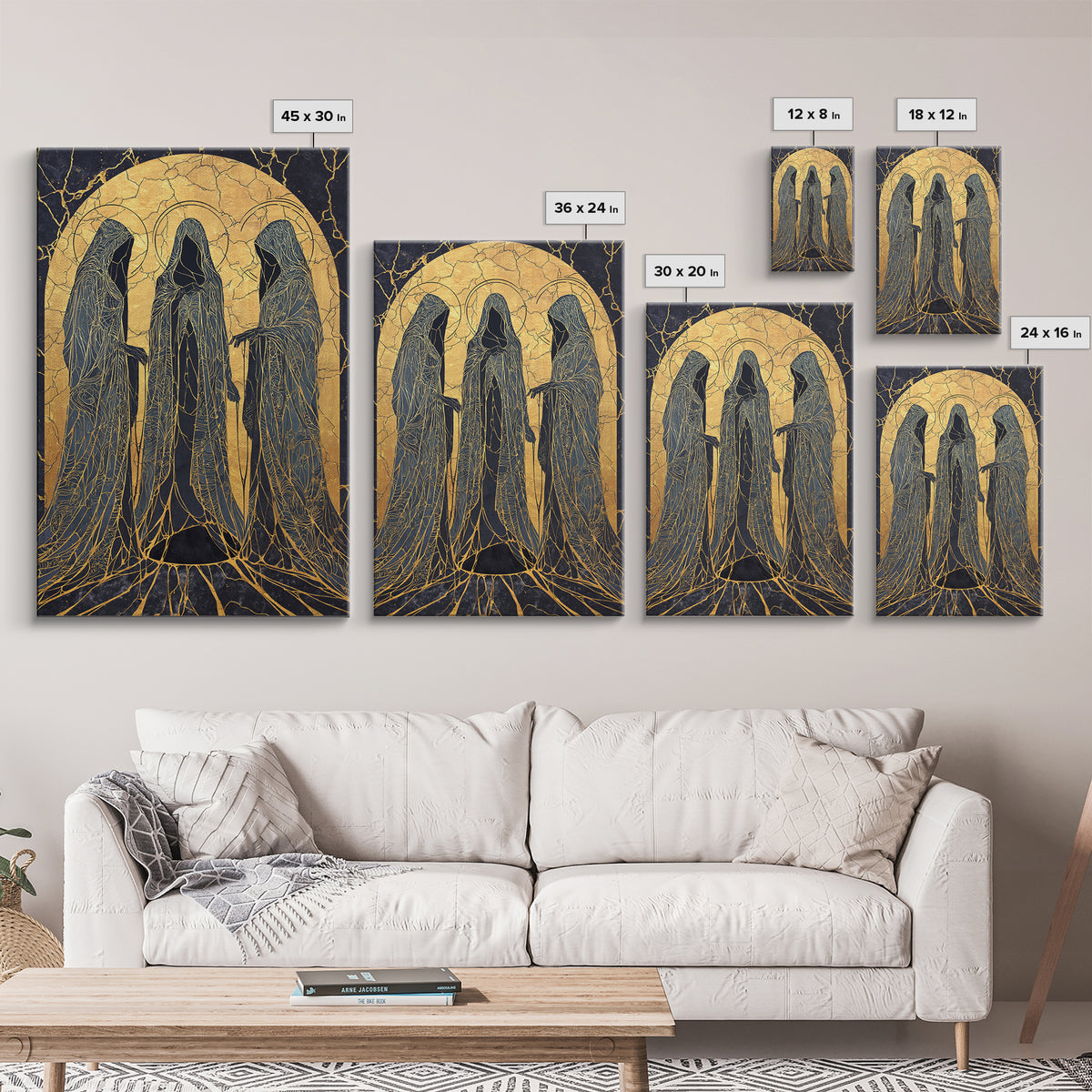 Canvas Gold Art of the Three Norns, Norse Mythology Canvas Art on Yggdrasil Roots, Viking Man Cave Decor in a natural wood frame