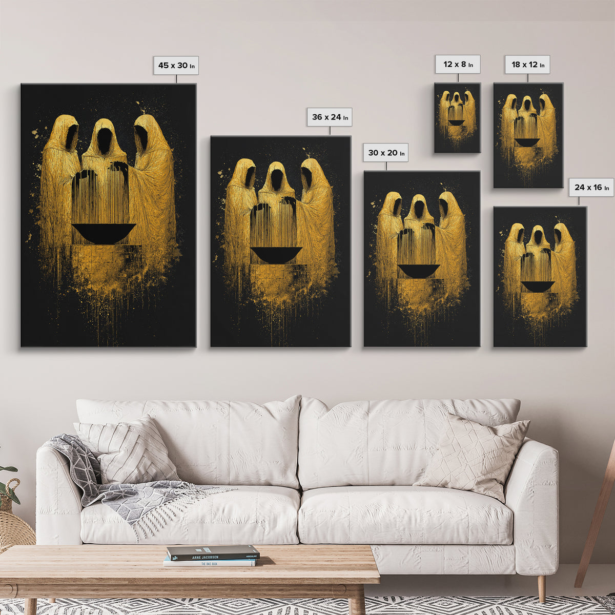Viking Norns Canvas Gold Art, Nordic Mythology Canvas Art of Fate Goddesses around Sacred Well, Office Decor with natural wood frame