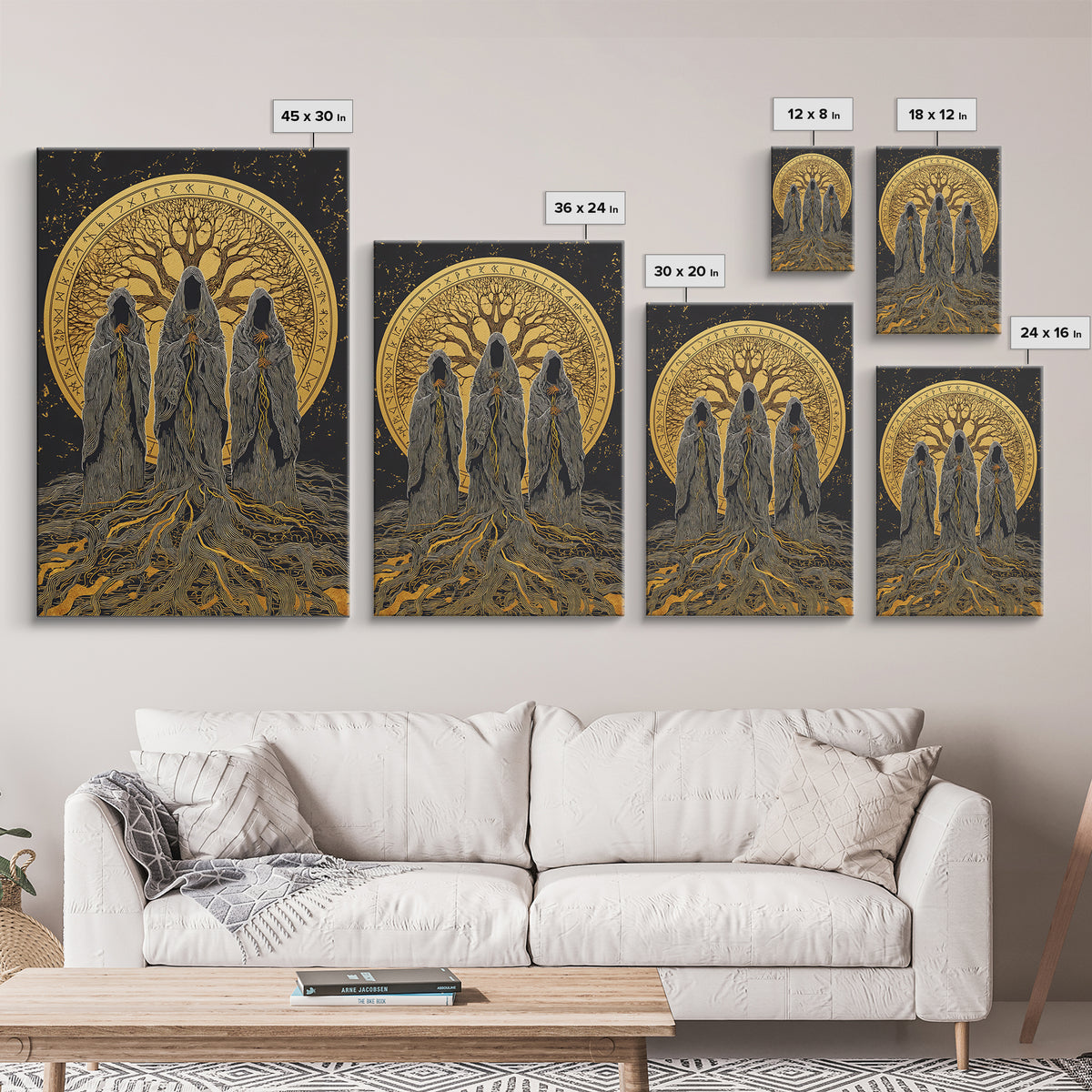 Norns Canvas Gold Art, Norse Mythology Canvas Art of Fate Weavers with Yggdrasil, Viking Office Decor beautifully framed in real wood