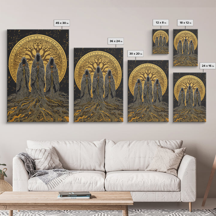 Norns Canvas Gold Art, Norse Mythology Canvas Art of Fate Weavers with Yggdrasil, Viking Office Decor beautifully framed in real wood