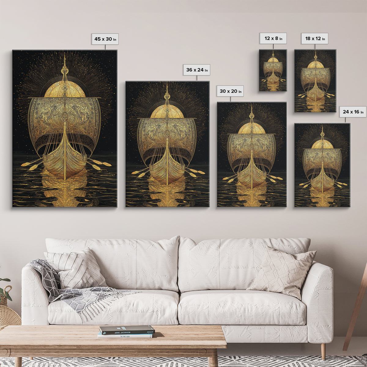 Viking Ship Canvas Gold Art Canvas Art Norse Longboat Wall Decor for Man Cave or Office, framed in natural wood