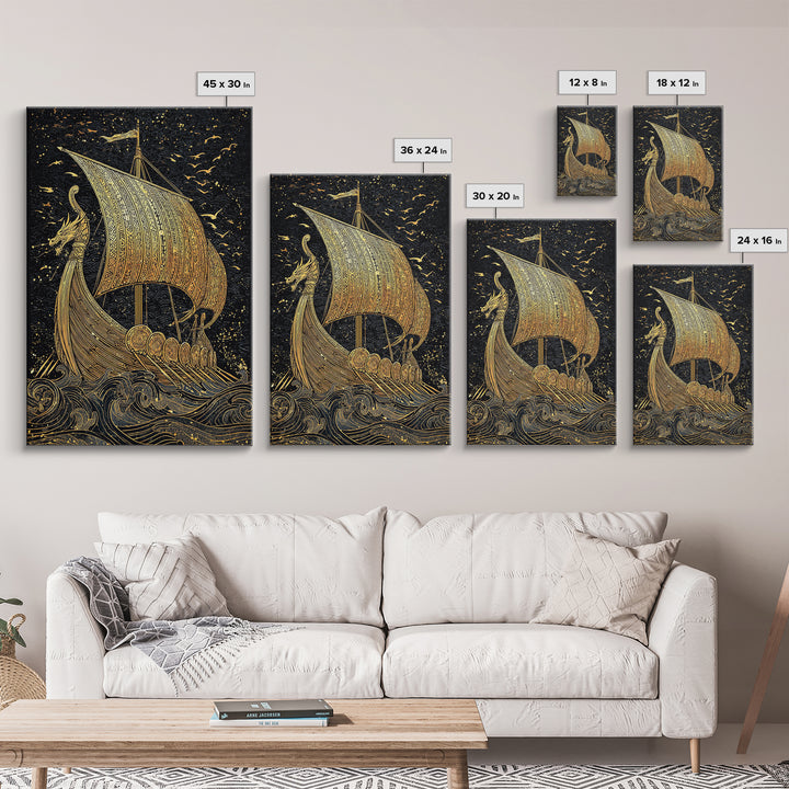 Dragon Head Viking Longship Canvas Gold Art Canvas Art Norse Decor for Man Cave, Office Wall Art framed in real wood