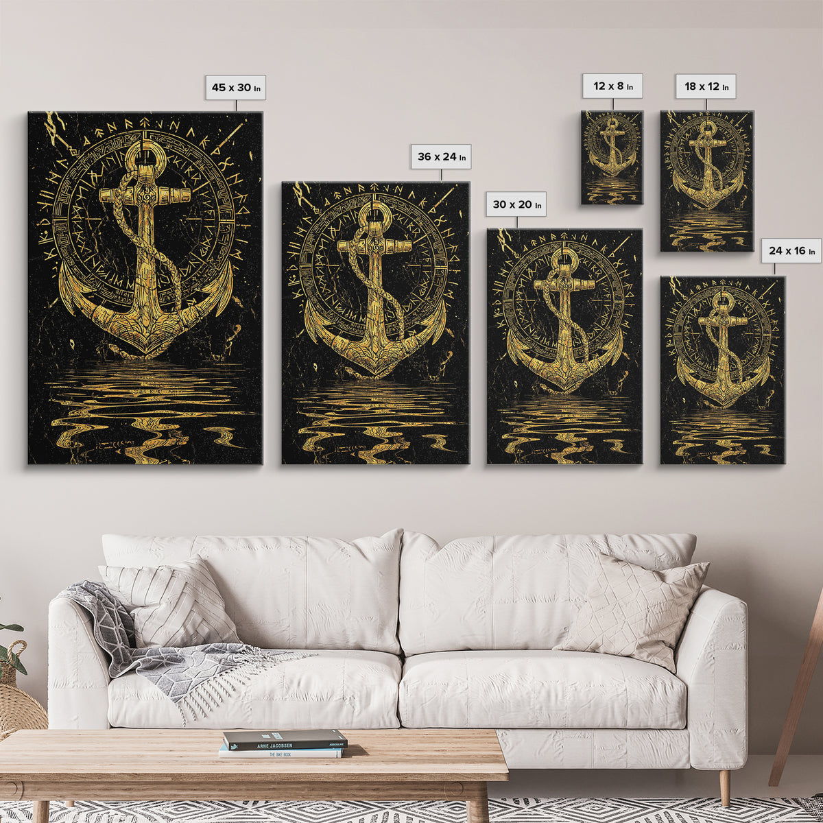 Runic Anchor Canvas Gold Art Canvas Art Norse Mythology Wall Decor for Men’s Office or Man Cave, framed with natural wood