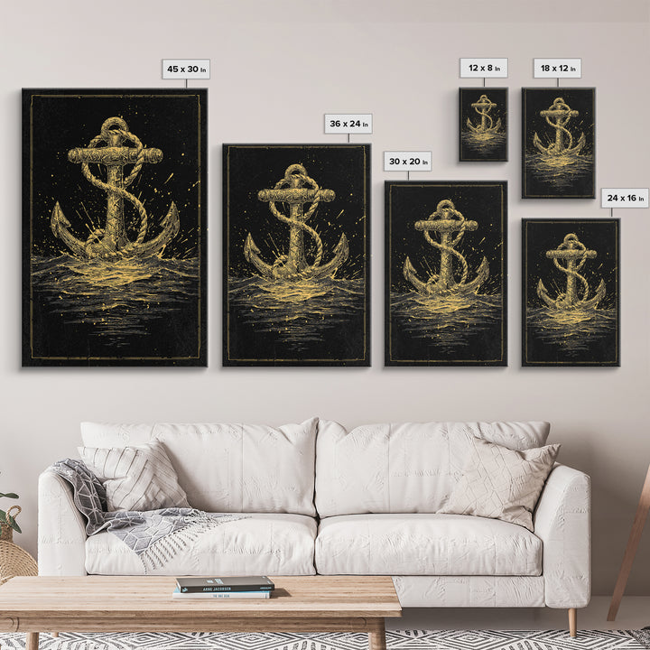 Nordic Anchor Canvas Gold Art Canvas Art Norse Mythology Decor for Office, Man Cave or Dad Gift, framed in real wood