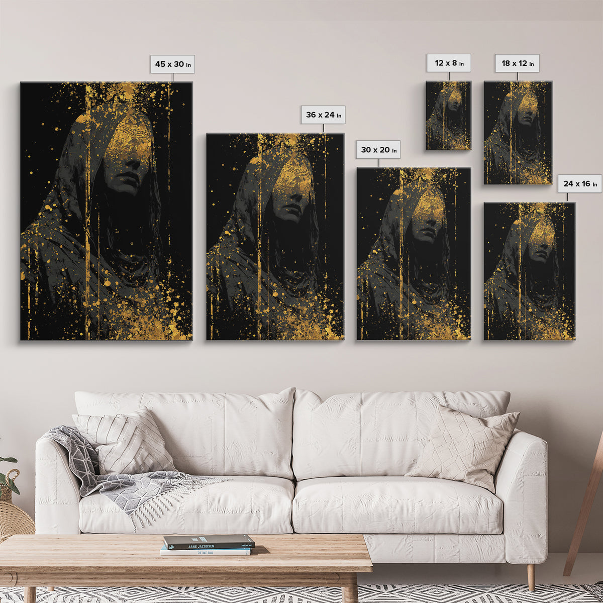 Nordic Hooded Seer Canvas Gold Art Canvas Art – Norse Mythology Office Wall Art, Mystic Viking Decor in handcrafted wood frame