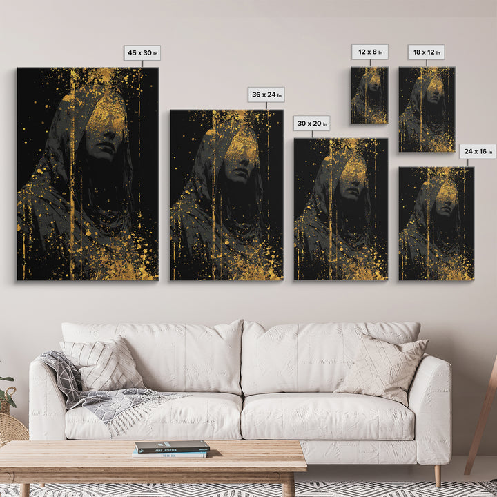 Nordic Hooded Seer Canvas Gold Art Canvas Art – Norse Mythology Office Wall Art, Mystic Viking Decor in handcrafted wood frame