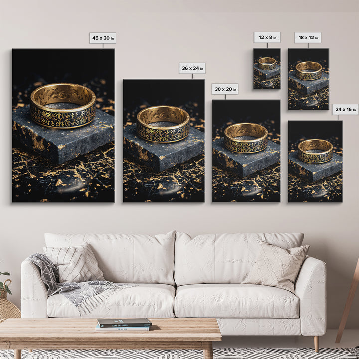 Norse Rune Ring Canvas Gold Art Canvas Art – Viking Jewelry Inspired Office Wall Art, Nordic Man Cave Decor framed in wood frame