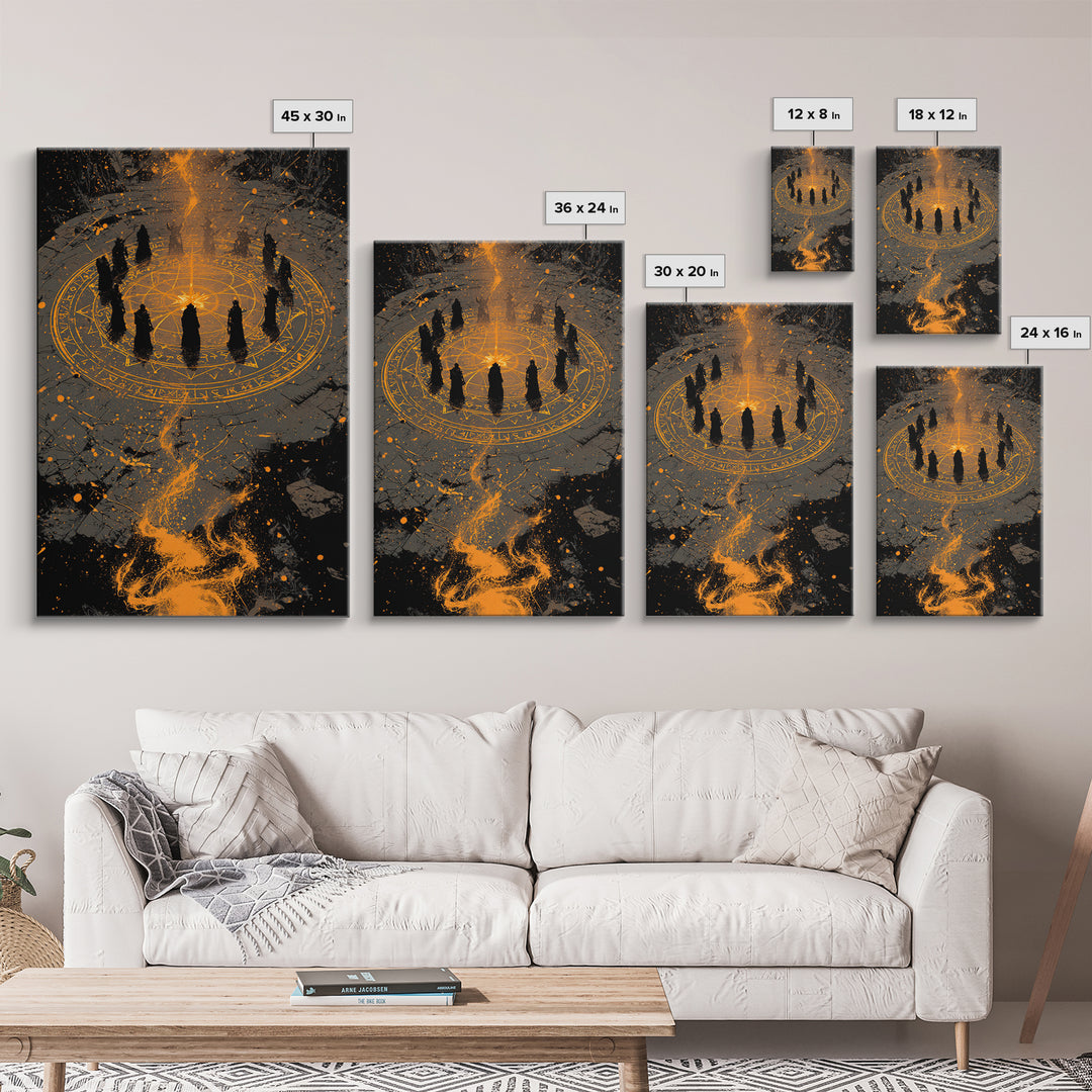 Mystical Norse Ritual Gathering Canvas Gold Art, Viking Pagan Canvas Art Wall Hanging with real wood frame, Dad Gift or Office Art