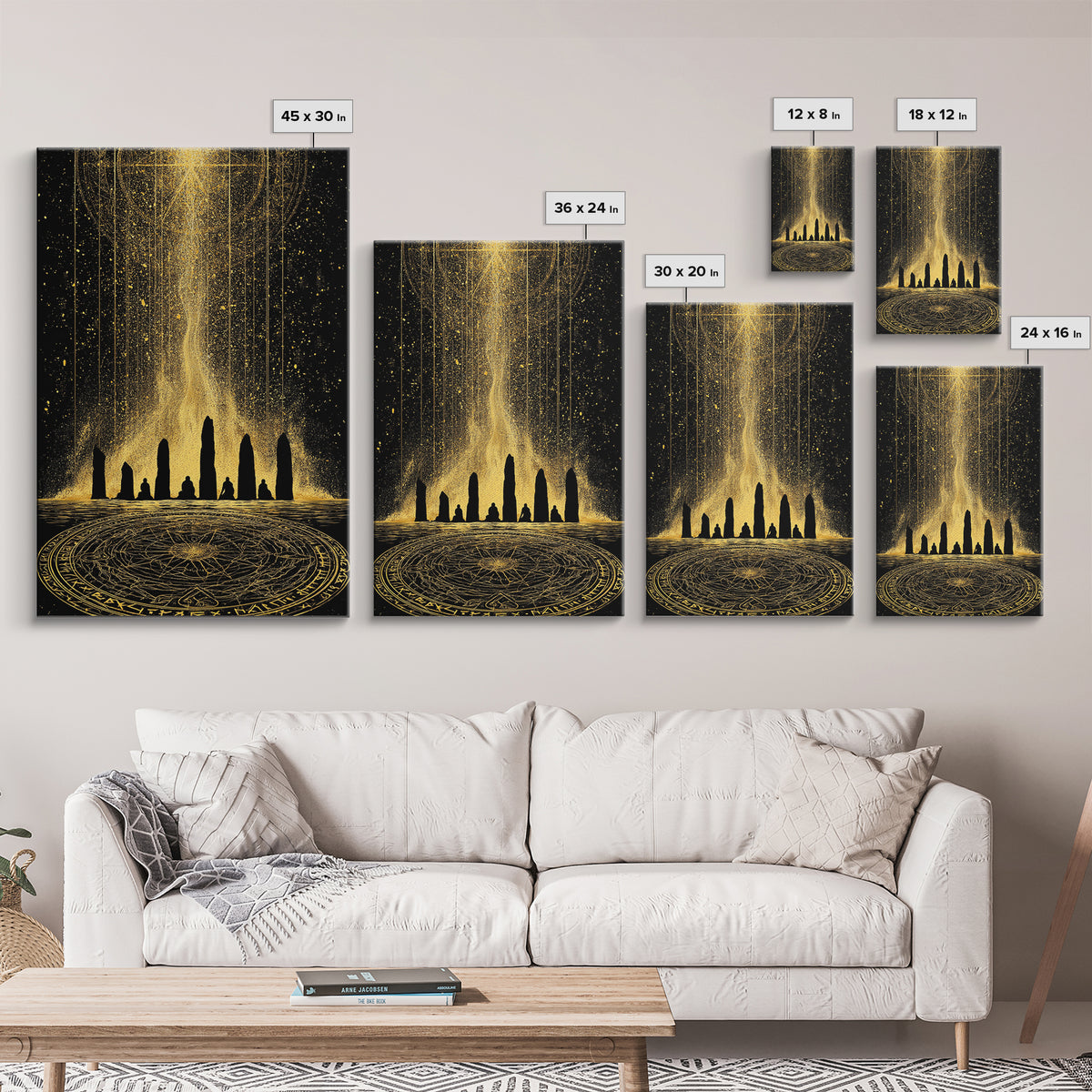 Canvas Gold Art Norse Ritual Stone Circle Canvas Art – Viking Ceremony Wall Art, Nordic Office Decor for Men framed in natural wood