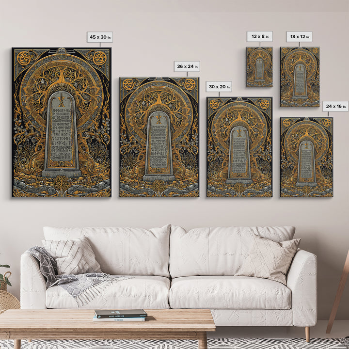 Runestone Engraved with Ancient Runes Canvas Gold Art, Nordic Mythology Canvas Art framed in real wood, Man Cave or Office Decor