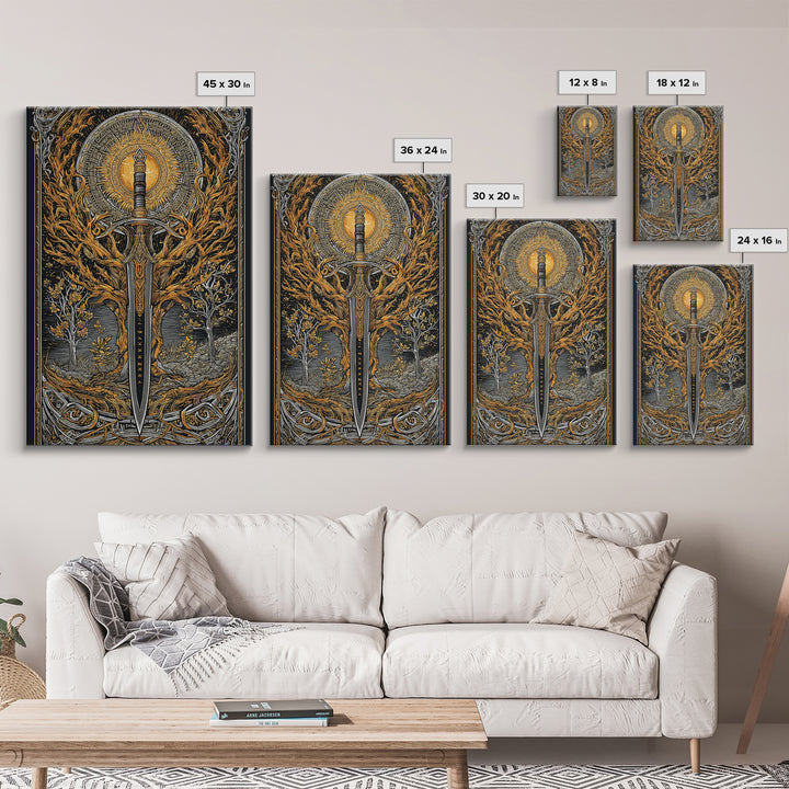 Viking Spear and Sacred Sun Canvas Gold Art, Nordic Weapon Canvas Art framed in natural wood, Bold Man Cave Decor or Office Wall Art
