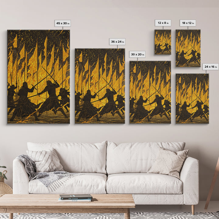 Warriors Clash in Fiery Nordic Battle Canvas Gold Art, Viking Combat Canvas Art framed with real wood, Man Cave Office Wall Accent