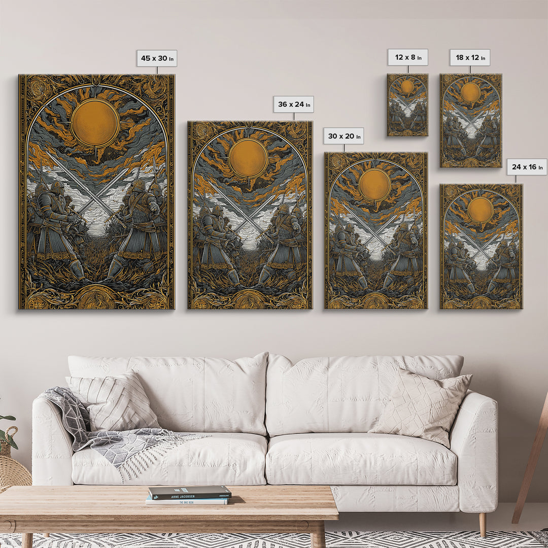 Nordic Mythology Battlefield Canvas Gold Art, Viking Warriors Canvas Art with natural wood frame, Strong Office Decor or Dad Gift