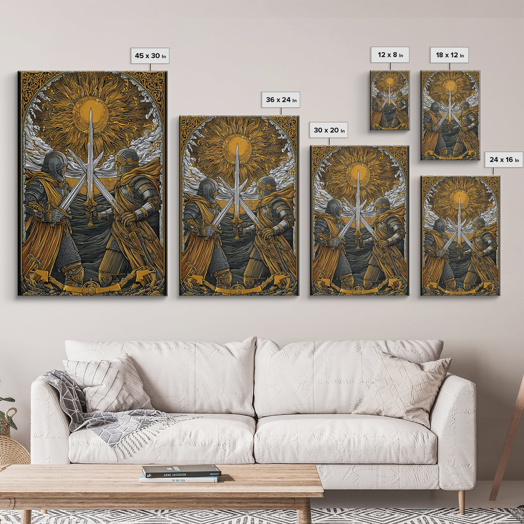 Norse Warriors in Battle Canvas Gold Art, Viking Canvas Art with real wood frame, Perfect for Man Cave, Office Wall Art, or Dad Gift
