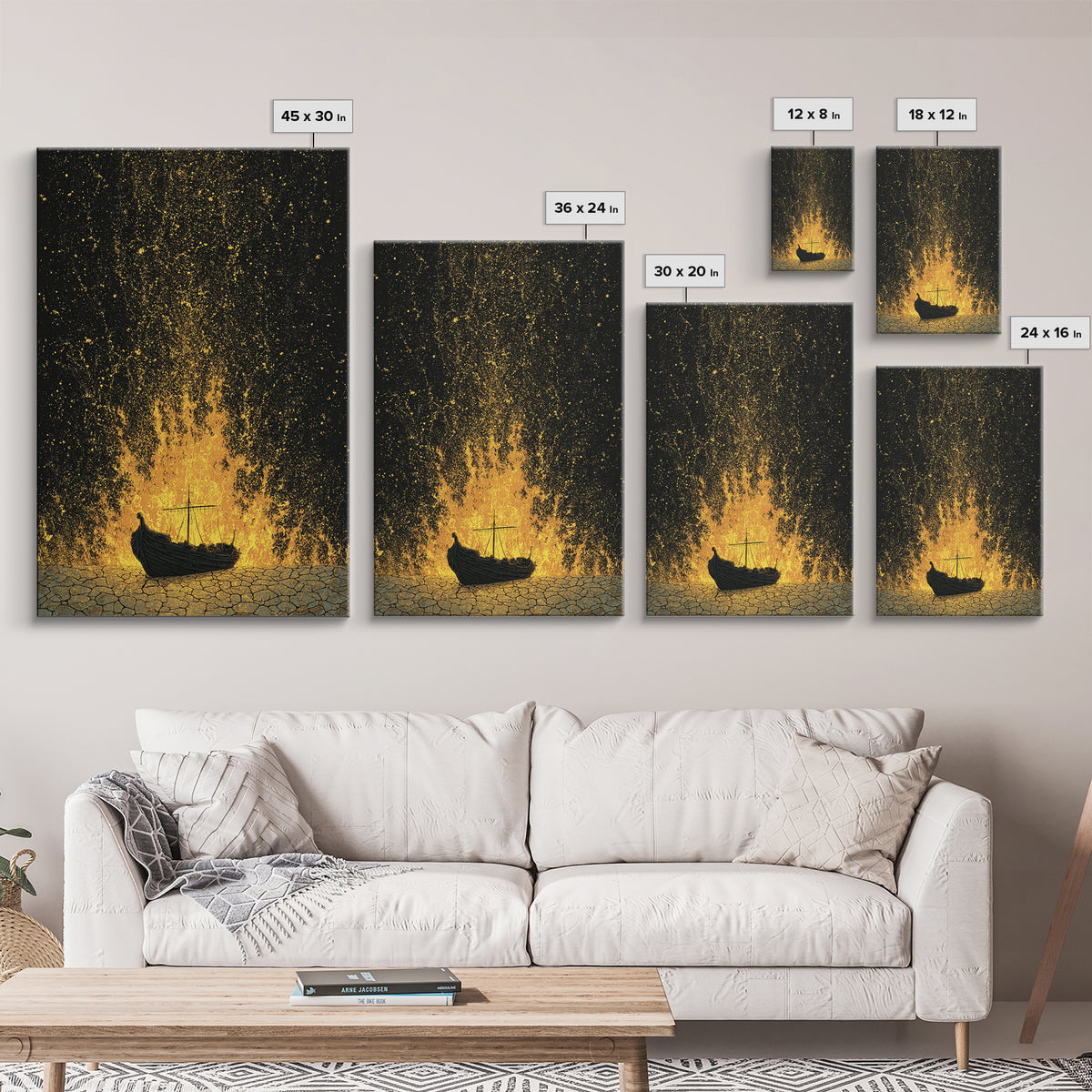 Viking Funeral Ship Canvas Gold Art Canvas Art Norse Burial Scene Wall Decor for Man Cave or Office, framed in real wood