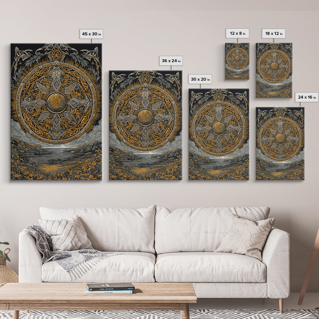 Vegvisir Compass Canvas Gold Art, Norse Mythology Canvas Art of Viking Symbol for Guidance, Man Cave or Office Decor framed in real wood