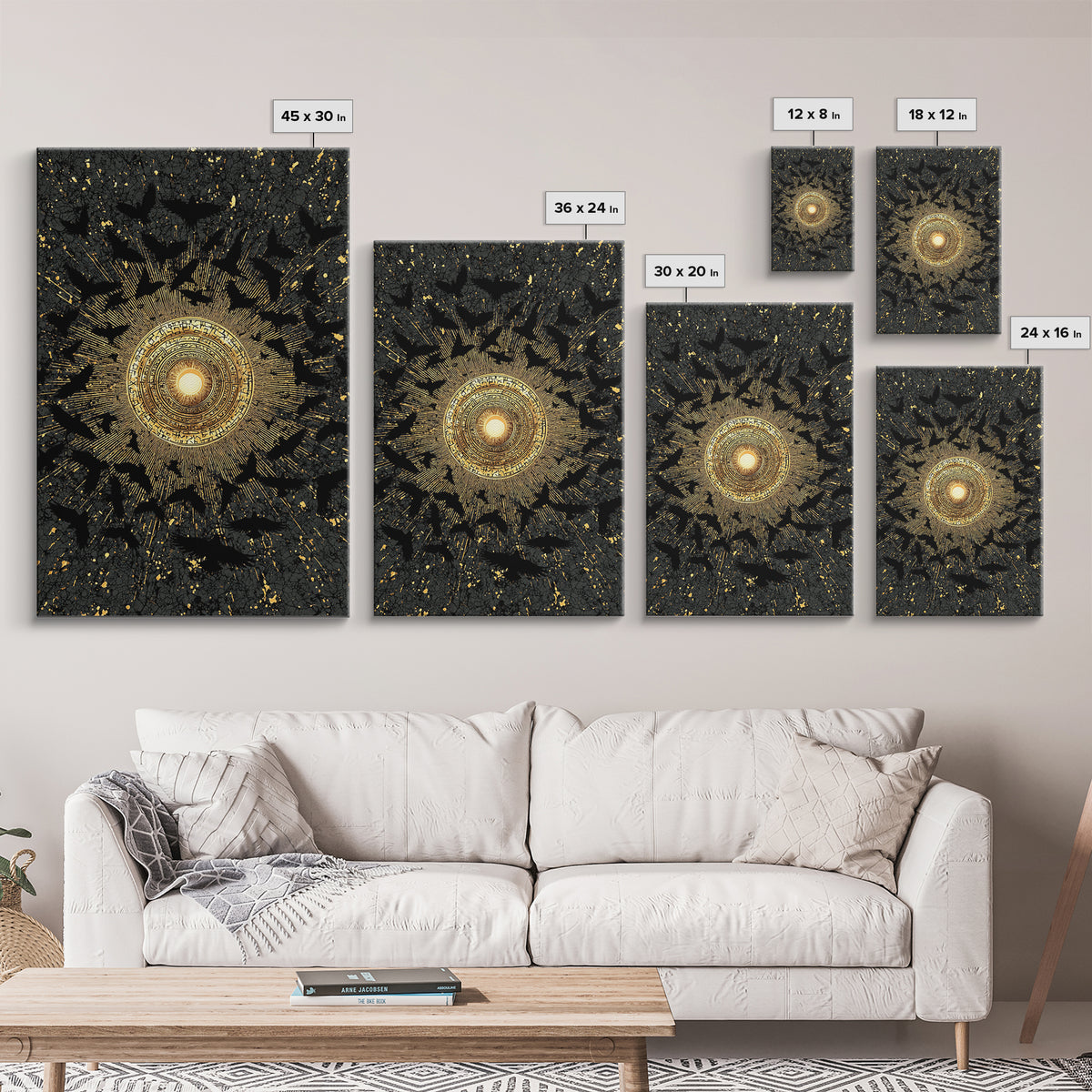 Canvas Art Norse Ravens and Sun Wheel, Canvas Gold Art Viking Decor with runes, framed in real wood, Nordic mythology gift for dad