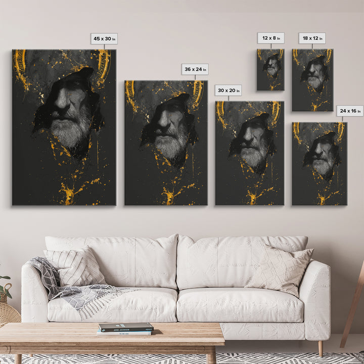 Odin Canvas Gold Art Norse God Portrait, Viking Mythology Canvas Art with real wood frame, masculine Nordic wall art for man cave