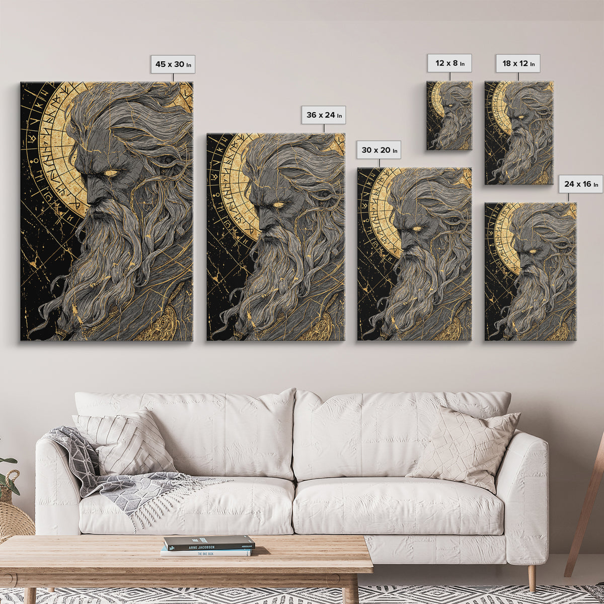 Canvas Gold Art Norse Allfather Odin, Viking Mythology Canvas Art framed in real wood, Nordic wall decor perfect as office or dad gift