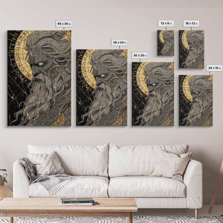 Canvas Gold Art Norse Allfather Odin, Viking Mythology Canvas Art framed in real wood, Nordic wall decor perfect as office or dad gift