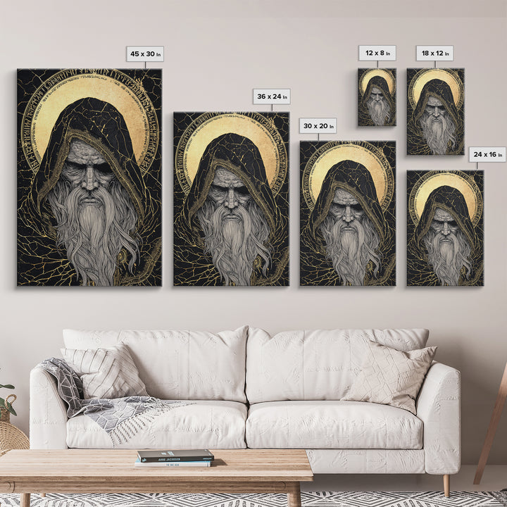 Norse God Odin Canvas Gold Art, Viking Mythology Canvas Art in natural wood frame, powerful Nordic wall art for office or man cave
