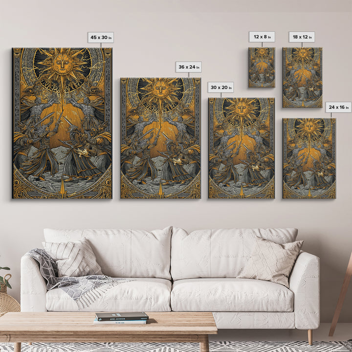 Ragnarök Battle Canvas Gold Art, Viking Apocalypse Norse Myth Canvas Art in real wood frame, Nordic wall art for man cave or office