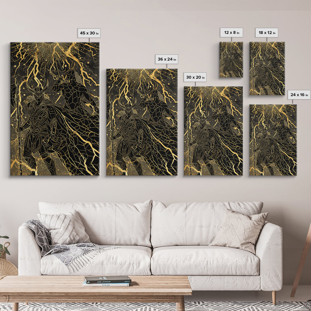 Ragnarok Norse Mythology Wall Decor, Canvas Gold Art and Canvas Art with Thor and Loki, Viking Battle Design framed in real wood
