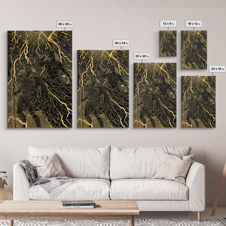 Ragnarok Norse Mythology Wall Decor, Canvas Gold Art and Canvas Art with Thor and Loki, Viking Battle Design framed in real wood